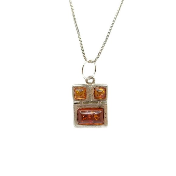 Vintage Jewelry - Modernist Honey Amber Geometric Sterling Silver .925 Necklace Pendant Italy